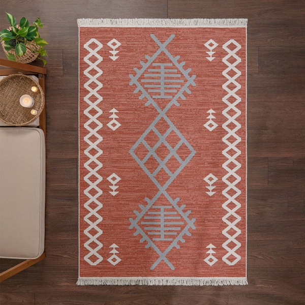 120 x 180 cm Mirror Craft Rustic Double Sided Decorative Rug - Terracotta / Light Grey