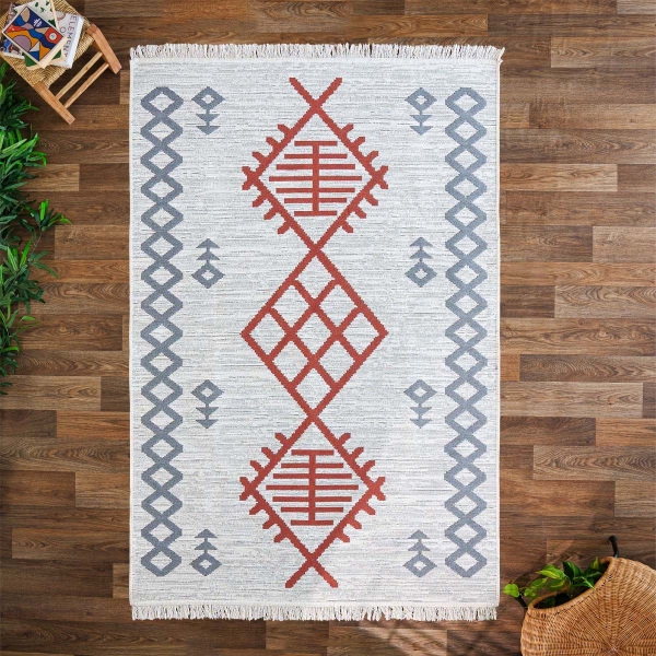 200 x 300 cm Mirror Craft Rustic Double Sided Decorative Rug - Terracotta / Light Grey