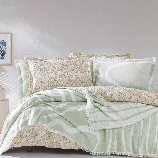 7 Pieces Lenzy Cotton Double Dowery Set 200 x 220 cm - Sage Green