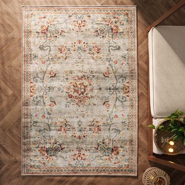 80 x 300 cm Retro Vintage Blossom Elegance Decorative Rug - Beige / Grey