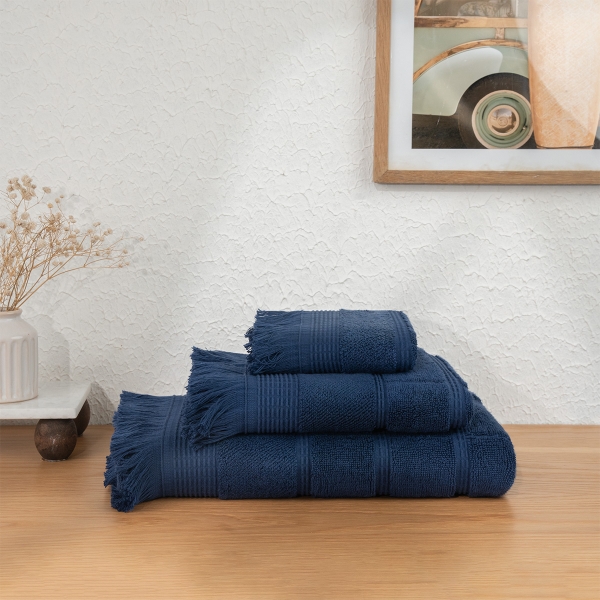 3 Pieces Ocean Serenity Premium Turkish Cotton 600 Gsm Towel Set - Navy Blue