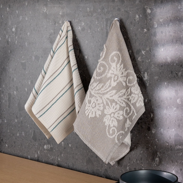 2 Pieces Classic Cotton 30 x 50 cm Kitchen Towels Set - White / Grey / Green