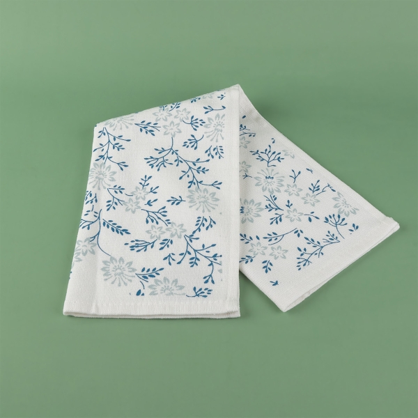 30 x 50 cm Vine and Leaf Cotton Kitchen Towel - White / Blue