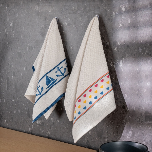 2 Pieces Marine and Hearts Cotton 30 x 50 cm Kitchen Towels Set - White / Blue / Pink