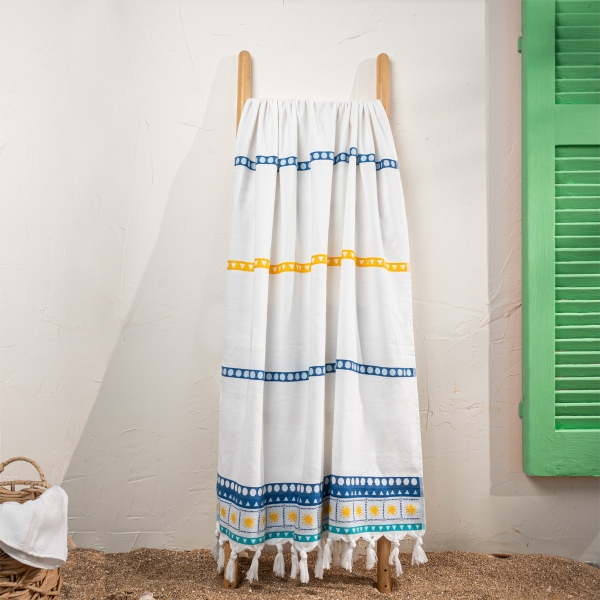 90 x 170 cm Sunset Waves Large Size Cotton Beach Towel - White / Blue / Orange