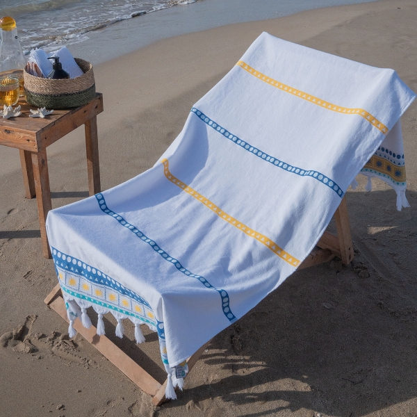 90 x 170 cm Sunset Waves Large Size Cotton Beach Towel - White / Blue / Orange