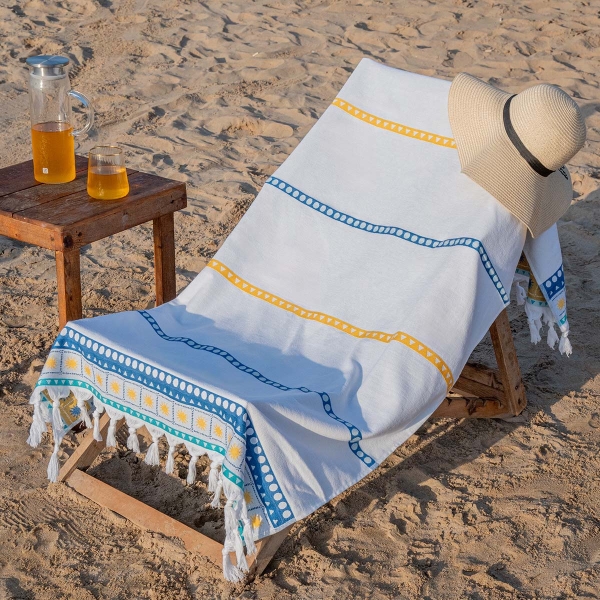 90 x 170 cm Sunset Waves Large Size Cotton Beach Towel - White / Blue / Orange