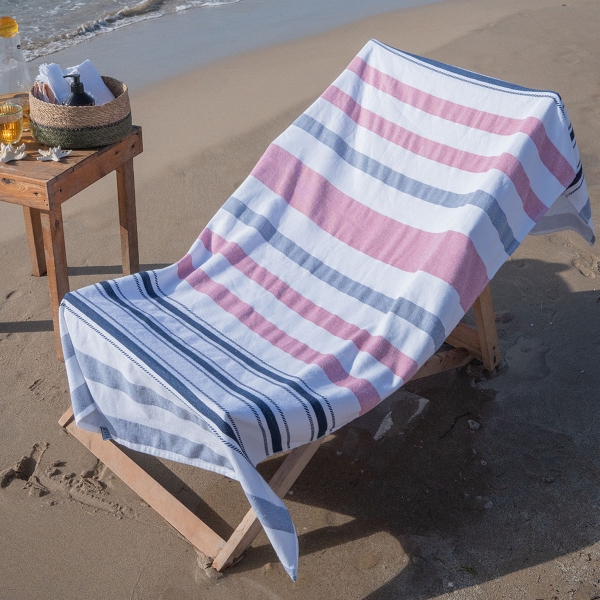 90 x 170 cm Nautical Stripes Large Size Cotton Beach Towel - Navy Blue / White  