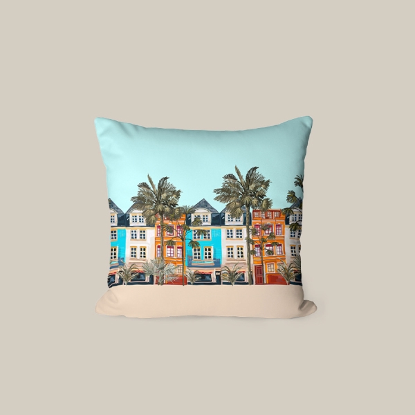 43 x 43 cm Colorful Cityscape Printed Decorative Cover Cushion - Ecru / Blue / Green