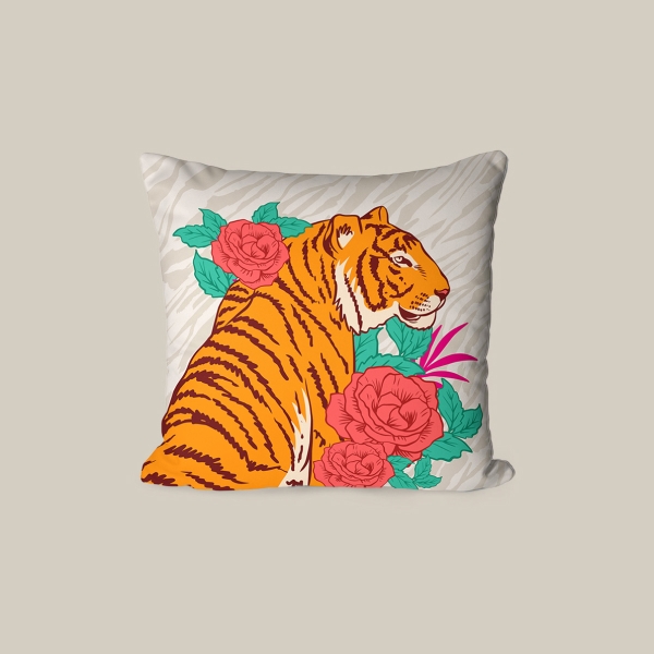 43 x 43 cm Tiger's Grace Printed Decorative Cover Cushion - Orange / Green