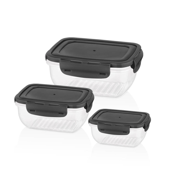 3 Pieces Cook & Lock Cover Rectangular Storage Container Set - Grey