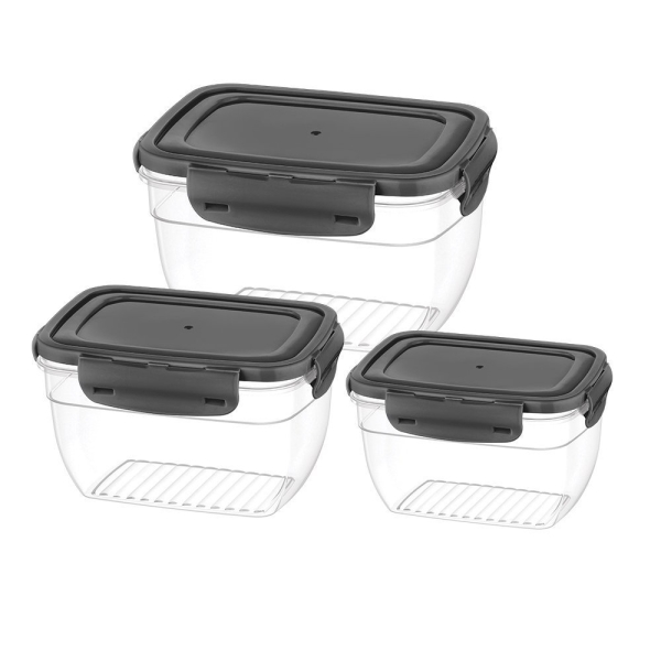 3 Pieces Cook & Lock Cover Rectangular Deep Storage Container Set - Grey