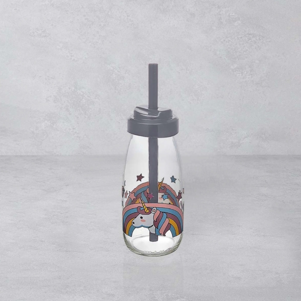 250 ml Aqua Milk Glass Bottle With Straw - Grey