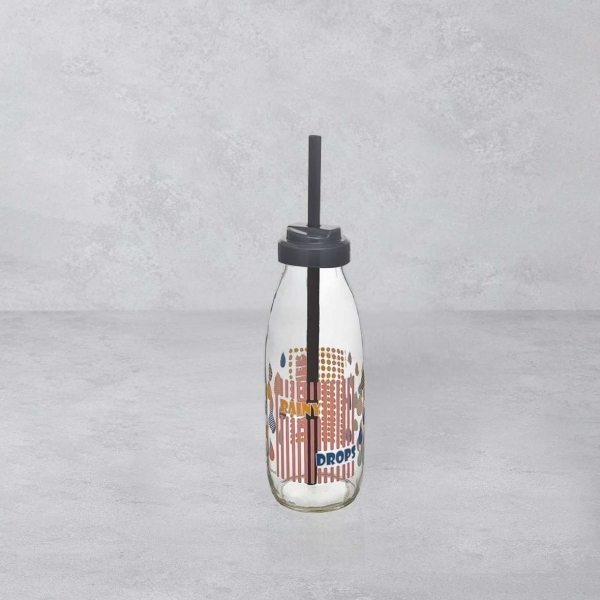 500 ml Aqua Milk Glass Bottle With Straw - Grey