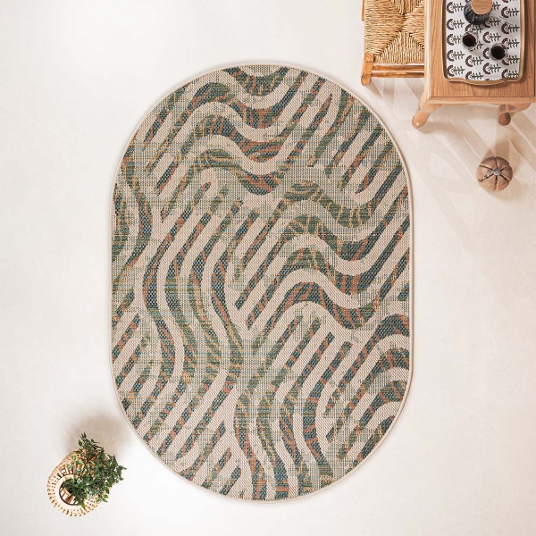 133 x 190 cm Nova Wavy Mirage Oval Indoor Outdoor Decorative Rug - Green / Cream