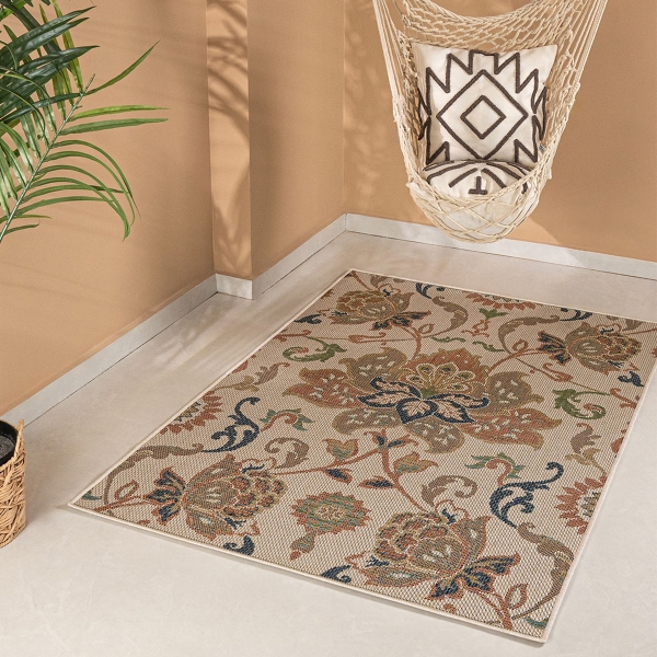 80 x 150 cm Nova Symmetrical Floral Indoor Outdoor Decorative Rug - Green / Ecru