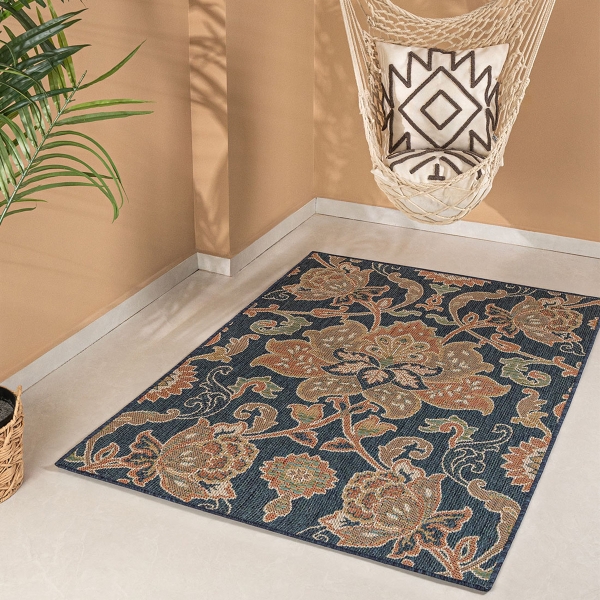 80 x 150 cm Nova Symmetrical Floral Indoor Outdoor Decorative Rug - Navy Blue / Green