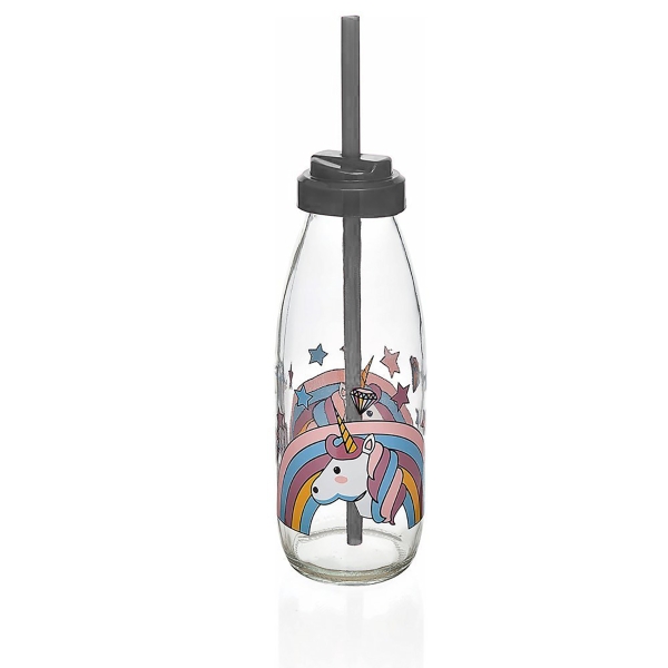 500 ml Aqua Milk Glass Bottle With Straw - Grey