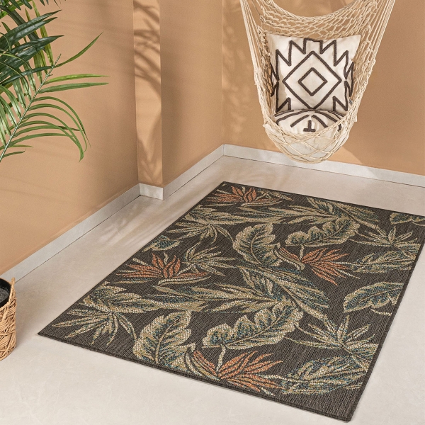 240 x 330 cm Nova Tropical Foliage Indoor Outdoor Decorative Rug - Dark Grey / Green