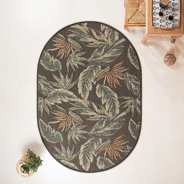 133 x 190 cm Nova Tropical Foliage Oval Indoor Outdoor Decorative Rug - Dark Grey / Green