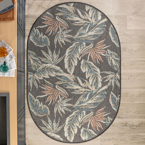 133 x 190 cm Nova Tropical Foliage Oval Indoor Outdoor Decorative Rug - Dark Grey / Green