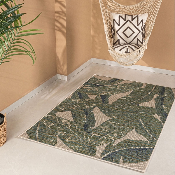 80 x 150 cm Nova Tropical Green Leaves Indoor Outdoor Decorative Rug - Green / Cream