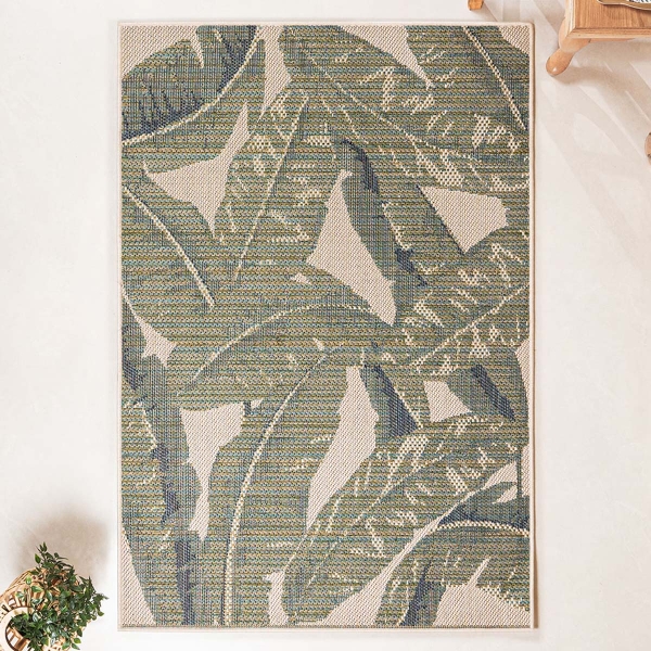 240 x 330 cm Nova Tropical Green Leaves Indoor Outdoor Decorative Rug - Green / Cream