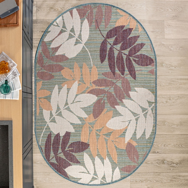 133 x 190 cm Nova Leaf Mix Oval Indoor Outdoor Decorative Rug - Green