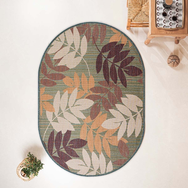 133 x 190 cm Nova Leaf Mix Oval Indoor Outdoor Decorative Rug - Green