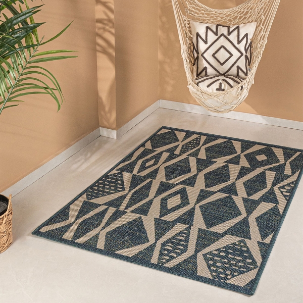 160 x 230 cm Nova Geometric Diamond Elegance Indoor Outdoor Decorative Rug - Cream / Indigo