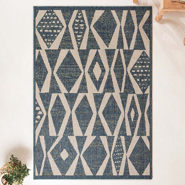 240 x 330 cm Nova Geometric Diamond Elegance Indoor Outdoor Decorative Rug - Cream / Indigo