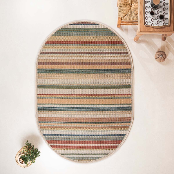 133 x 190 cm Nova Earth Tone Stripes Oval Indoor Outdoor Decorative Rug - Green / Cream