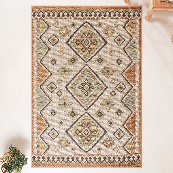 120 x 170 cm Nova Tribal Diamond Motif Indoor Outdoor Decorative Rug - Green / Cream