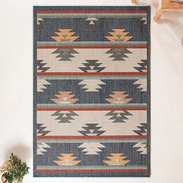 120 x 170 cm Nova Desert Bloom Indoor Outdoor Decorative Rug - Cream / Indigo