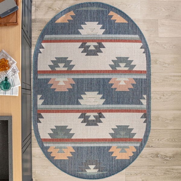 133 x 190 cm Nova Desert Bloom Oval Indoor Outdoor Decorative Rug - Cream / Indigo