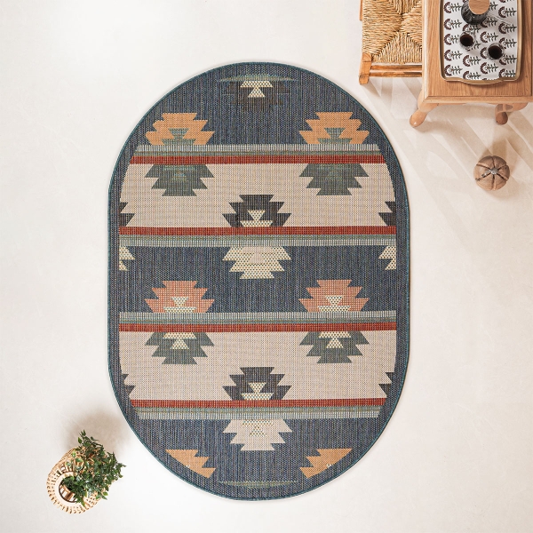 133 x 190 cm Nova Desert Bloom Oval Indoor Outdoor Decorative Rug - Cream / Indigo