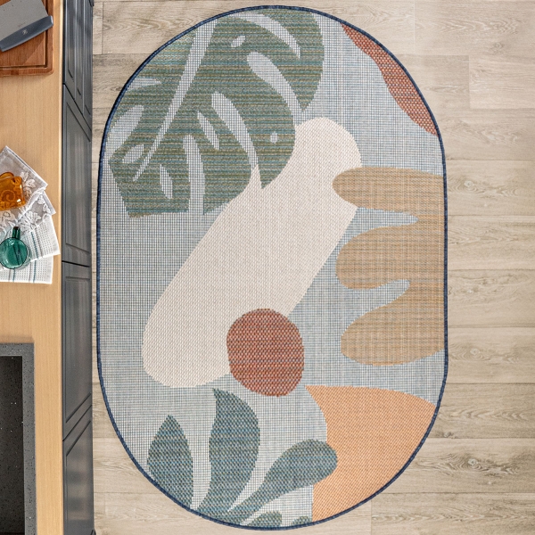 133 x 190 cm Nova Autumn Garden Oval Indoor Outdoor Decorative Rug - Green / Cream