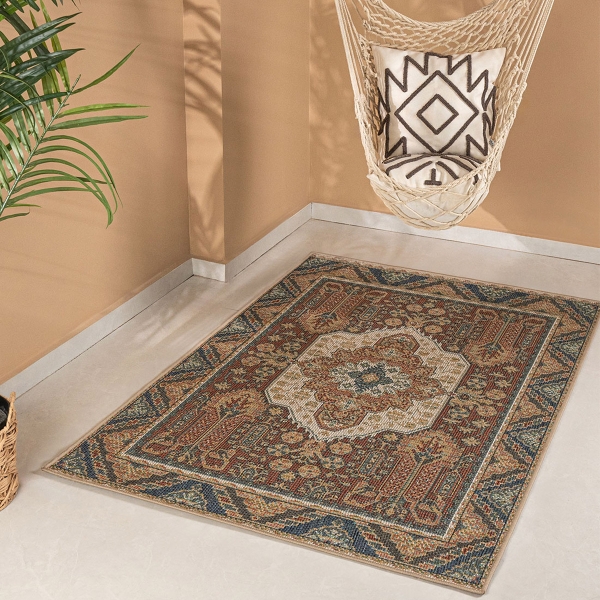 Zymta Summer Carpet – 160x230 cm Rectangular Rug | Turkish Polypropylene, OEKO-TEX Certified, Anti-Slip | Indoor & Outdoor – Terracotta, Petrol, Beige