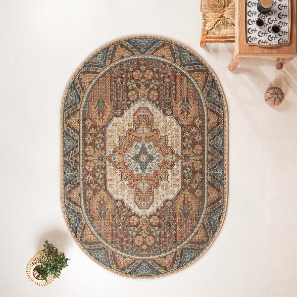 133 x 190 cm Nova Sultan's Medallion Oval Indoor Outdoor Decorative Rug - Terracotta / Beige