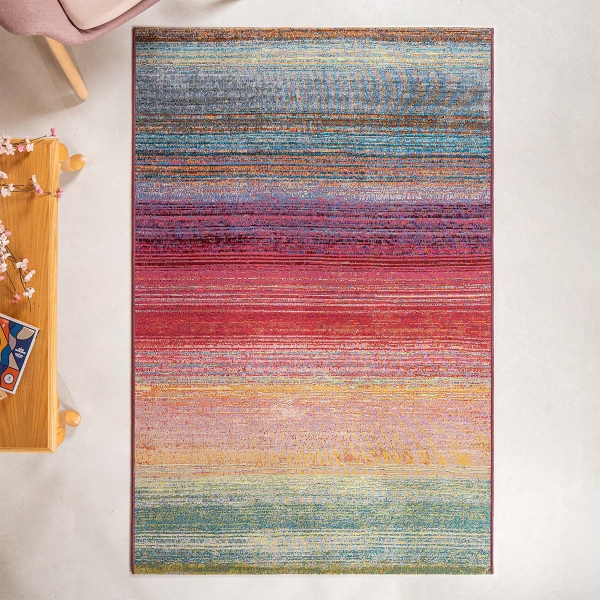 160 x 235 cm Jardin Sunset Stripes Indoor Outdoor Decorative Rug - Red / Blue / Pink
