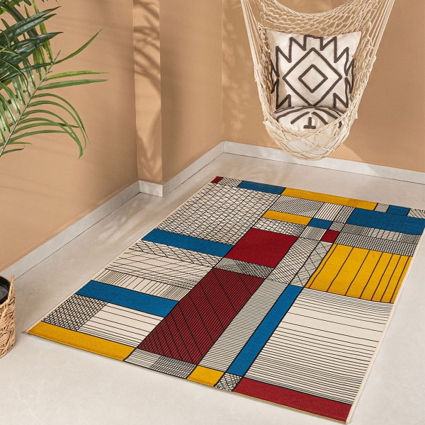 120 x 170 cm Jardin Geometric Patchwork Indoor Outdoor Decorative Rug - Yellow / Blue
