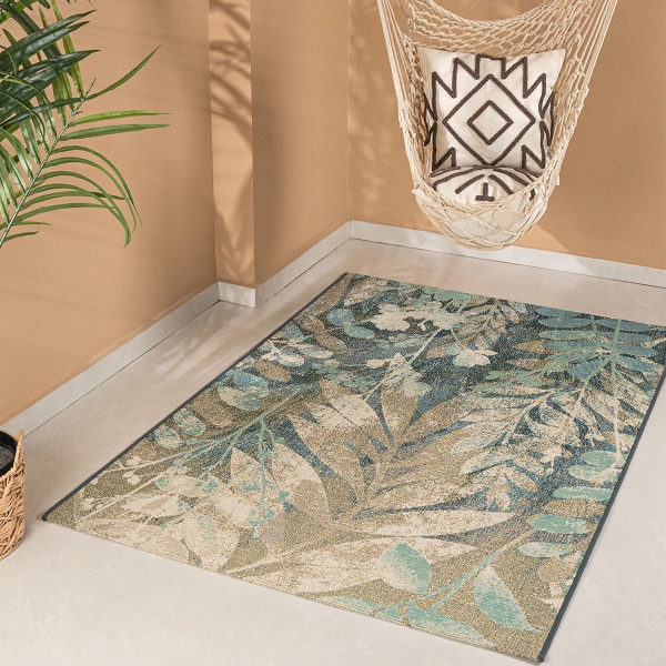 120 x 170 cm Jardin Botanical Fern Indoor Outdoor Decorative Rug - Cream / Blue