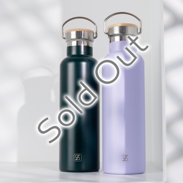 2 Pieces Eco-Friendly Stainless Steel 600 ml Water Bottles Set with Bamboo Lids – Lilac / Dark Green