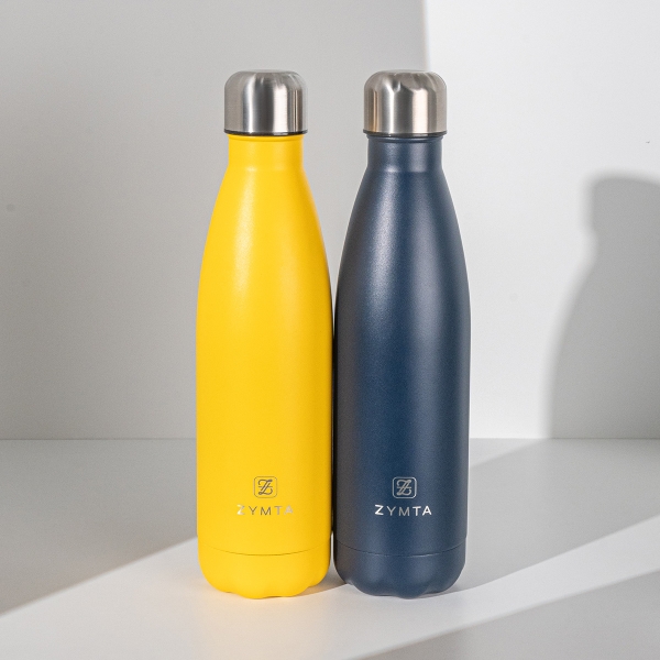 2 Pieces Water Insulated Stainless Steel Cold & Hot Bottle Set, Portable Leak Proof 500 ml - Yellow / Navy Blue