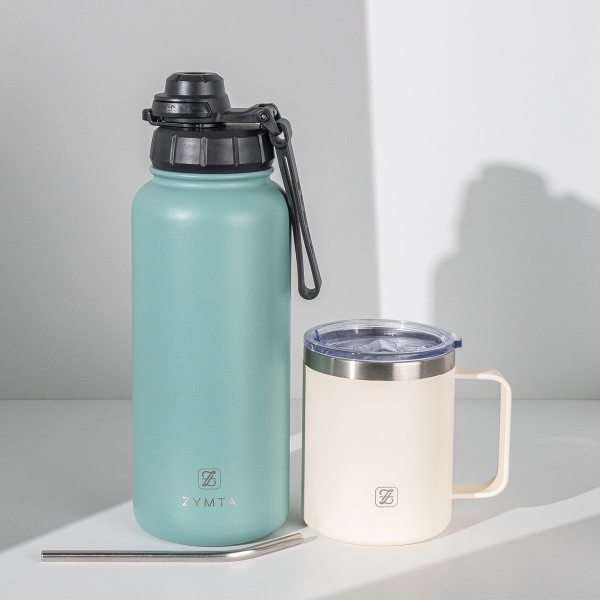 2 Pieces Stainless Steel Vacuum Insulated 1L Flask and 350 ML Mug with Lid and Straw Set - Beige / Green