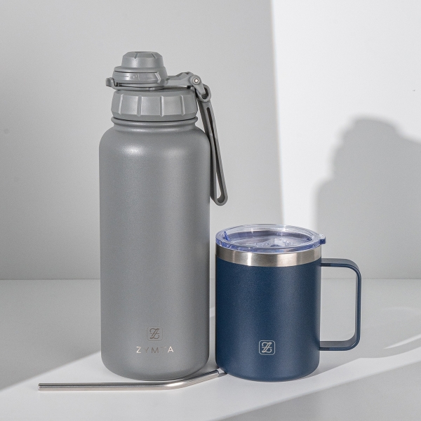 2 Pieces Stainless Steel Vacuum Insulated 1L Flask and 350 ML Mug with Lid and Straw Set - Navy Blue / Grey