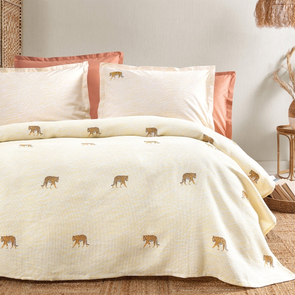 3 Pieces Lena Printed Cotton Single Pique Set 160 x 220 cm - Beige