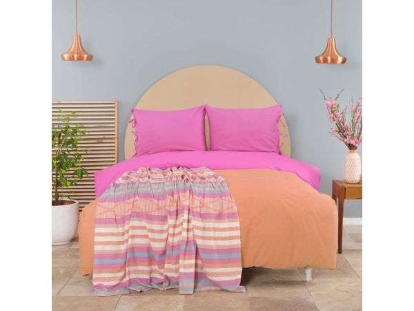 5 Pieces Basic Double Duvet Cover Set With Pique 200 x 220 cm - Fuchsia / Orange