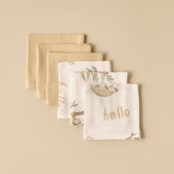 6 Pieces Sloth Cotton Mouth Wiping Cloth Set 30 x 30 cm - Beige