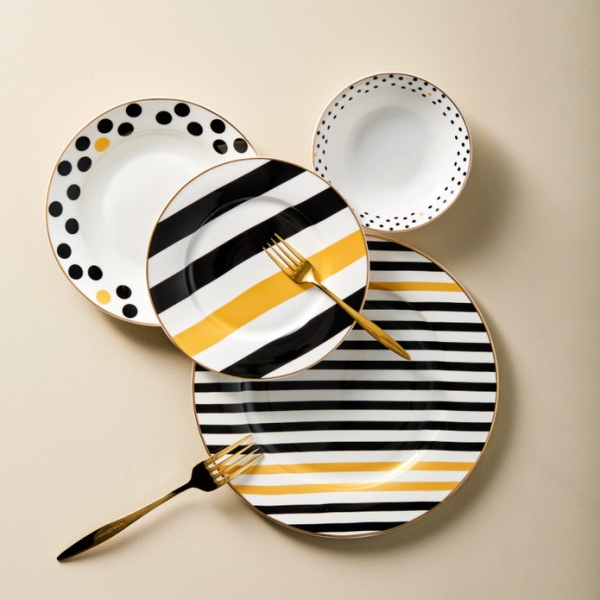 24 Pieces Nossa Porcelain Dinner Set - Black / Mustard